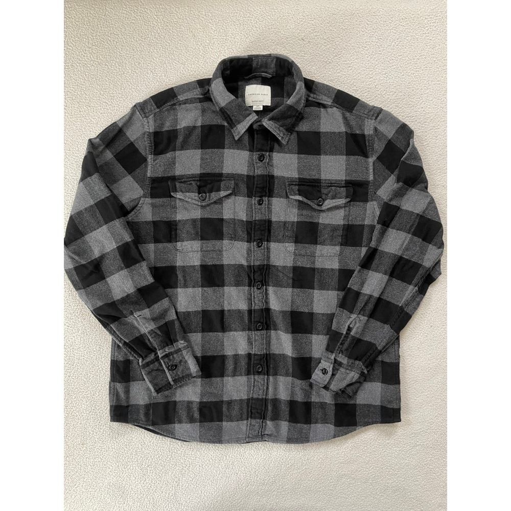 American Eagle Mens Large Flannel Shirt Grey Black Buffalo Plaid Super Soft